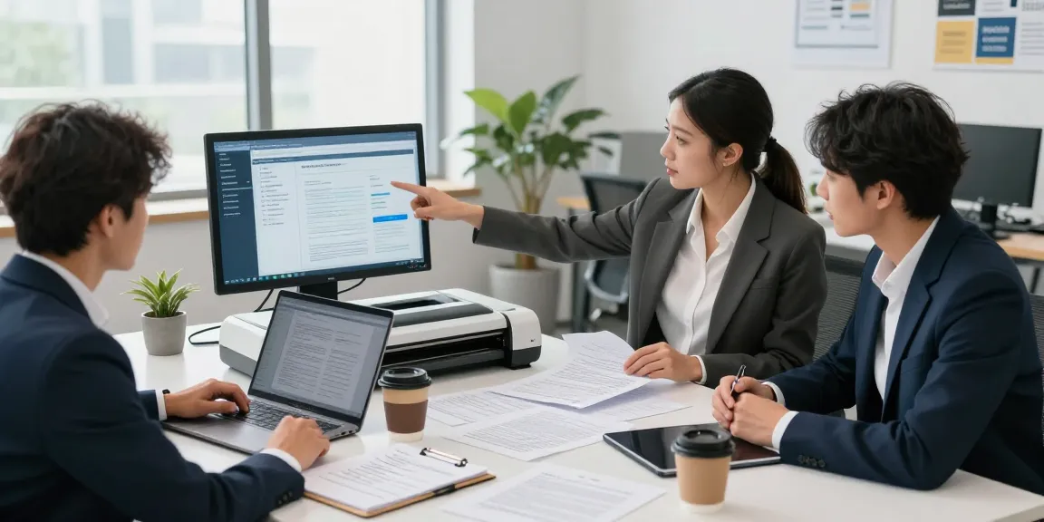 Team collaborating on document fraud detection using advanced technology in a modern office setting.