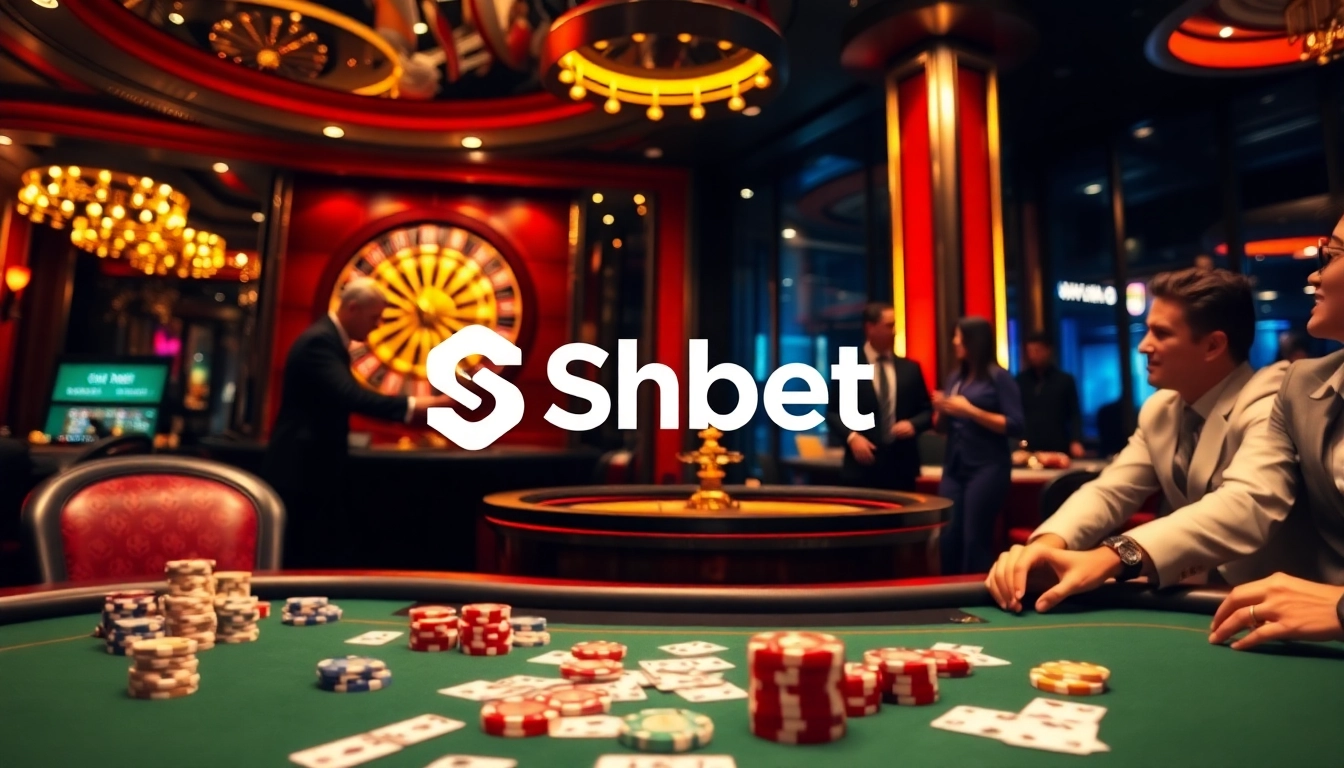 Shbet players engaging at a luxurious casino surrounded by poker games and roulette.
