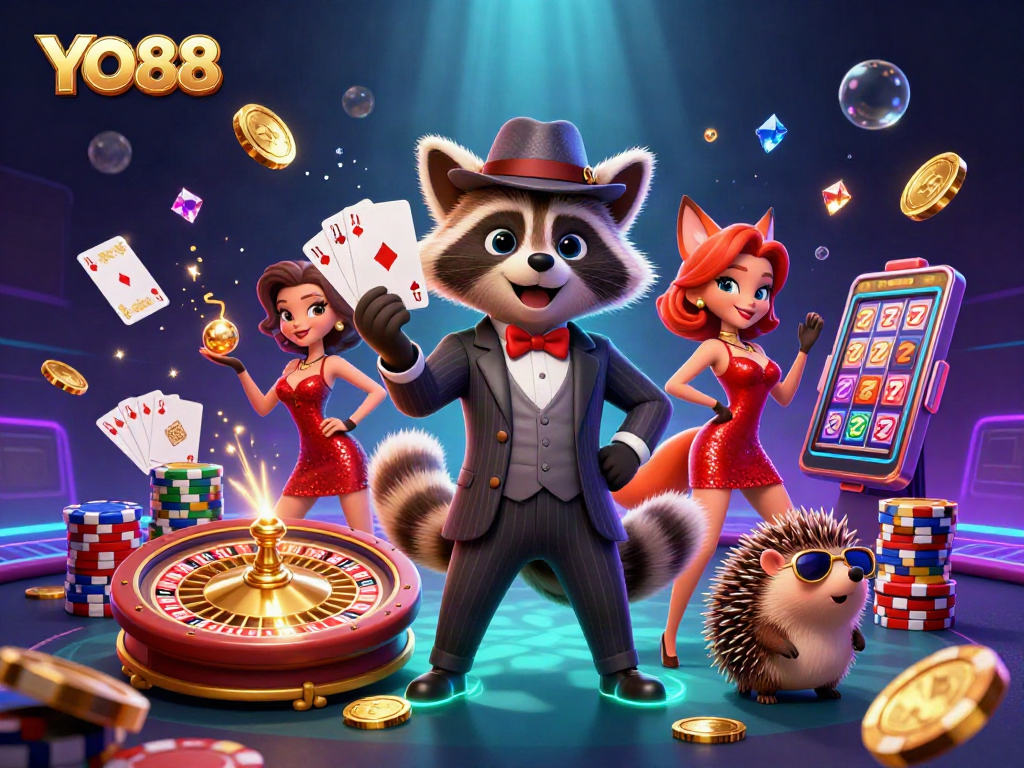 Experience thrilling gameplay at YO88 with a royal flush in a vibrant casino scene.