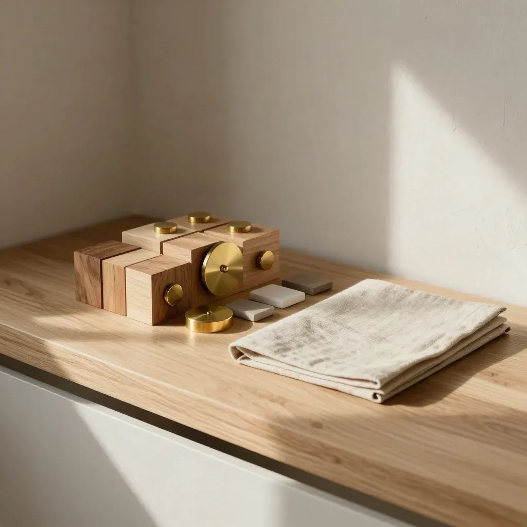 Cedar blocks, brass pucks and linen portfolio arranged on an oak bench in warm afternoon light.