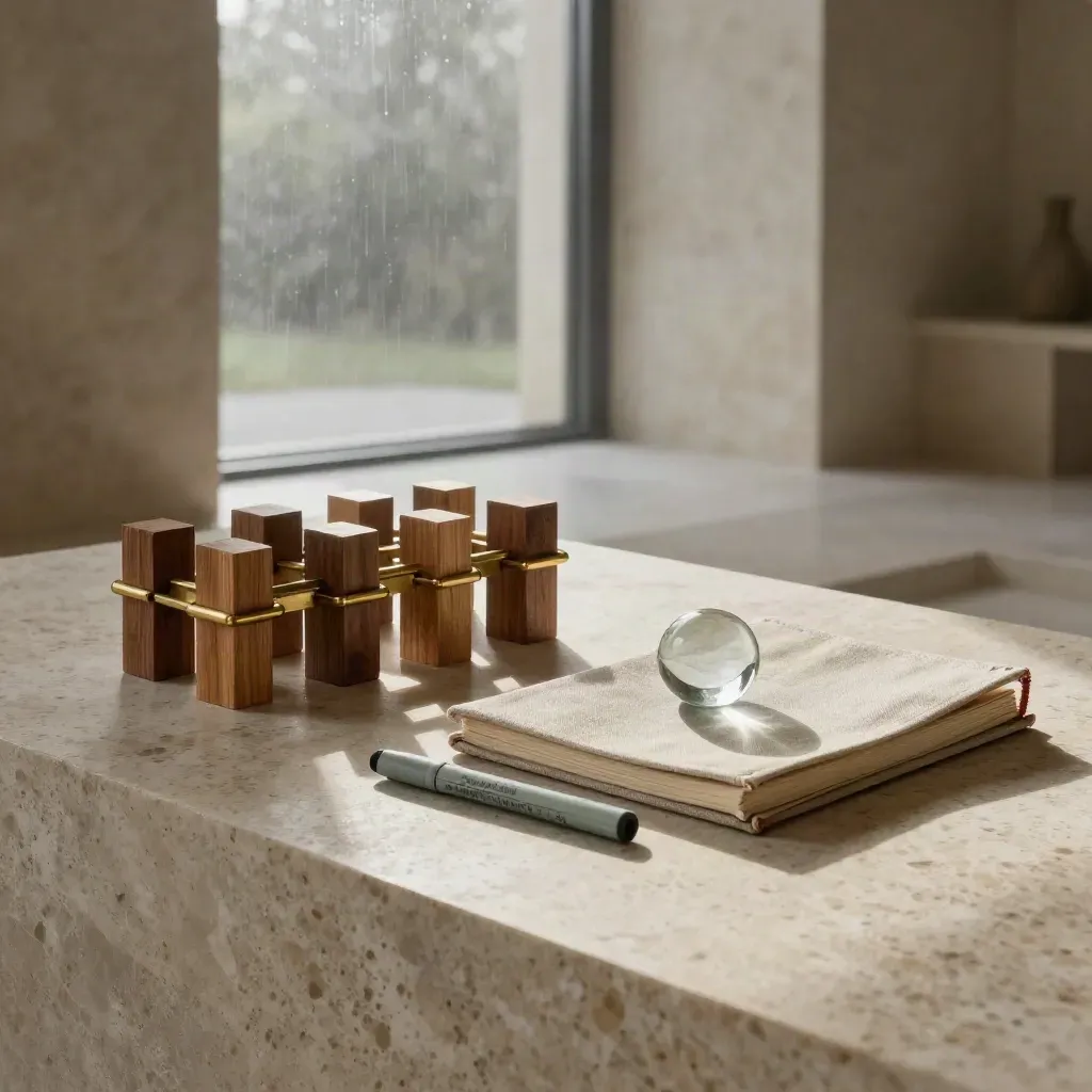 Cedar partnership blocks and brass links on travertine in misty first light
