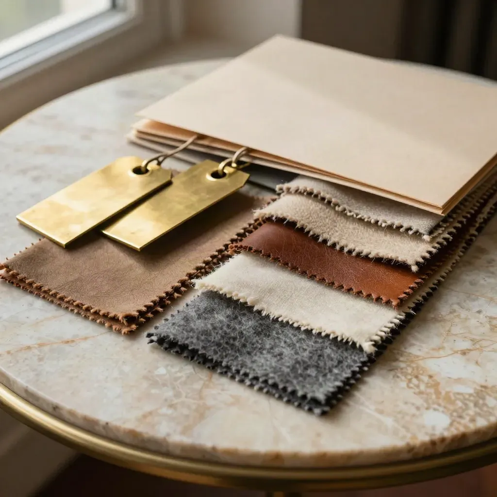 Brass shortlist tags, face-down folders and swatches on stone under soft window light.