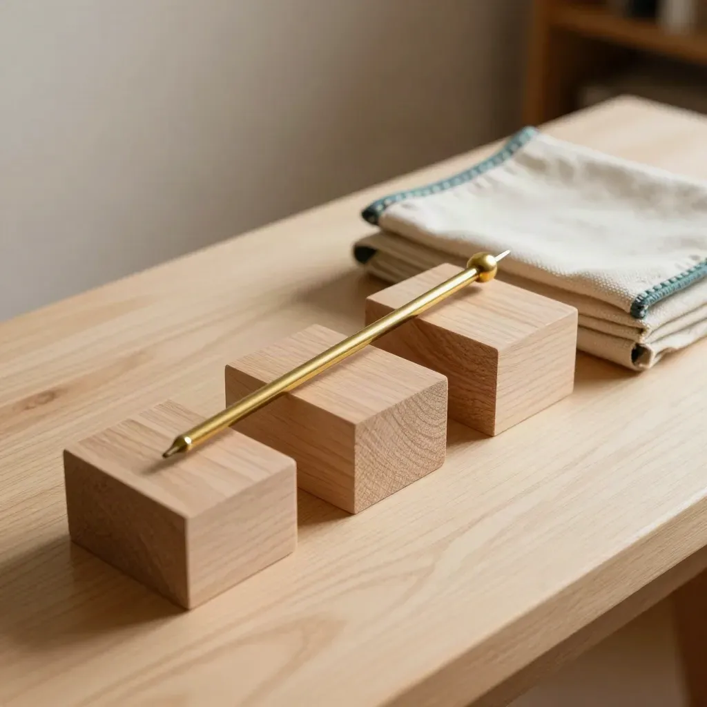 Top-down timeline of maple blocks, brass pointer, and canvas sleeve on warm oak.