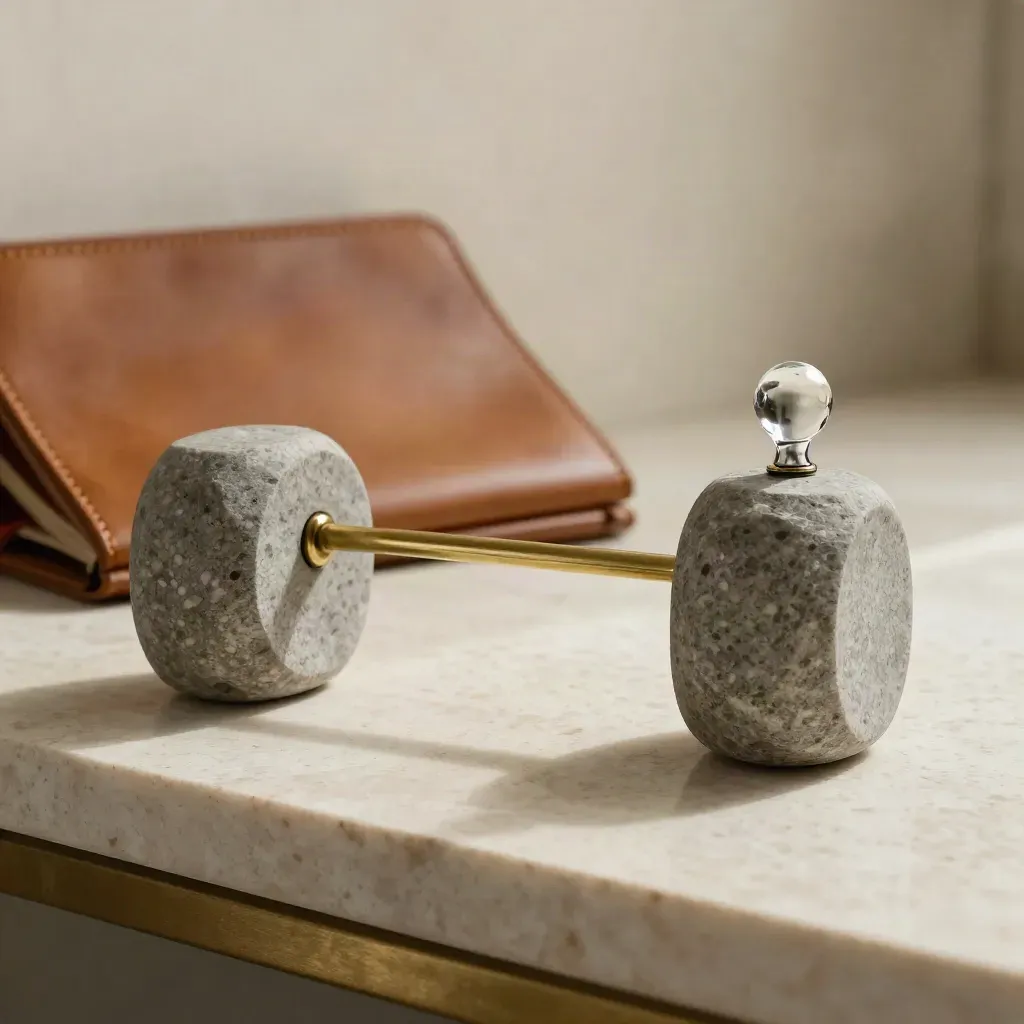 Balanced stone and brass negotiation objects beside a leather dossier on travertine.