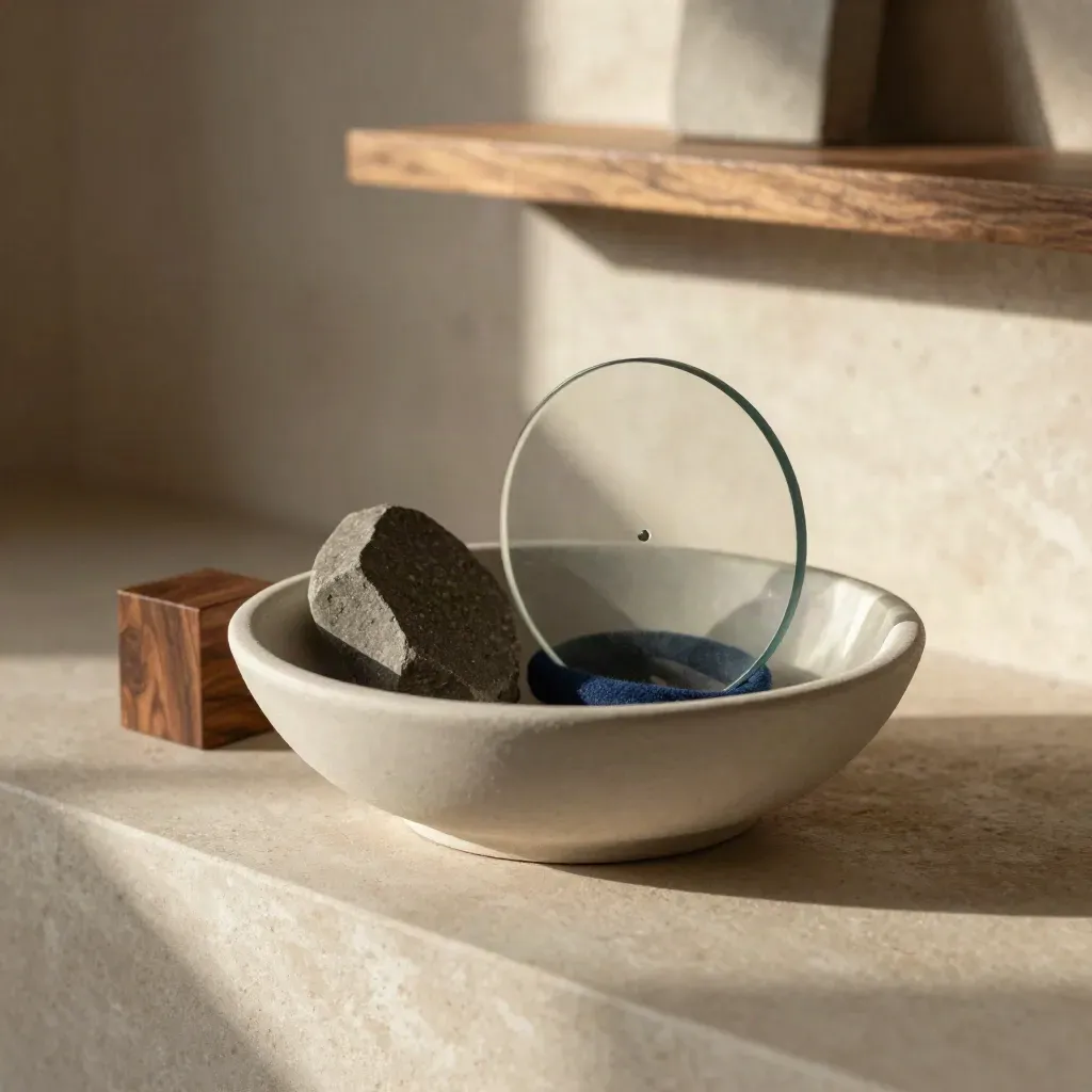 Stone, walnut and smoked glass samples around a clear disk in a plaster bowl by window light.
