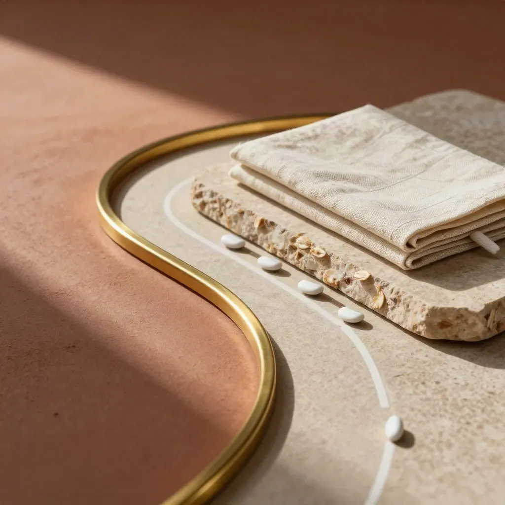 Brass arcs and ceramic markers on a sand stone slab chart a growth path in warm light