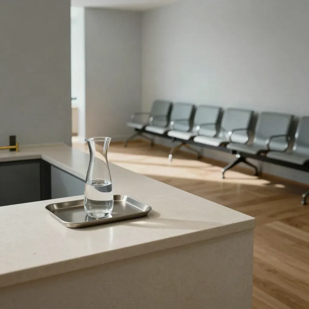 Empty clinic reception corner with aligned chairs, carafe, and a lit path into the waiting area.