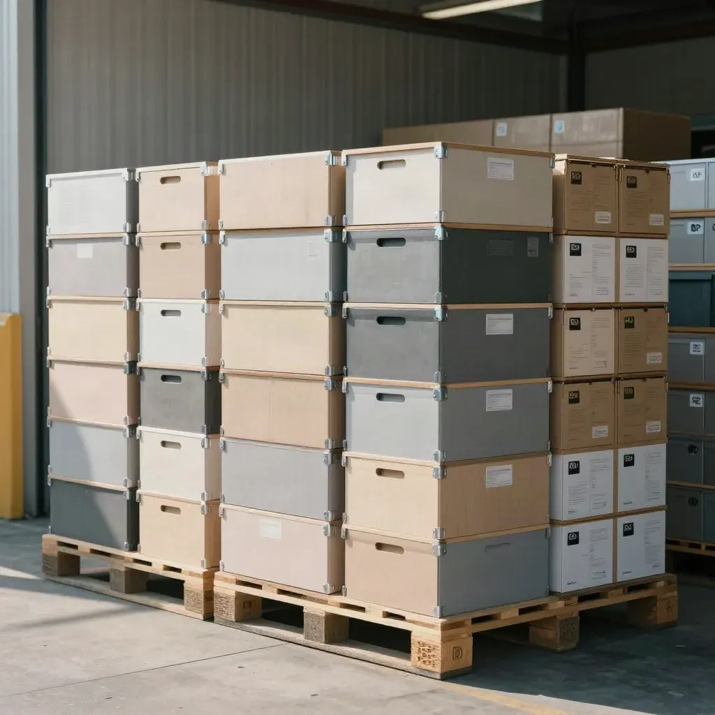 Warehouse pallet of stacked crates and sample boxes under cool slanting dock light.