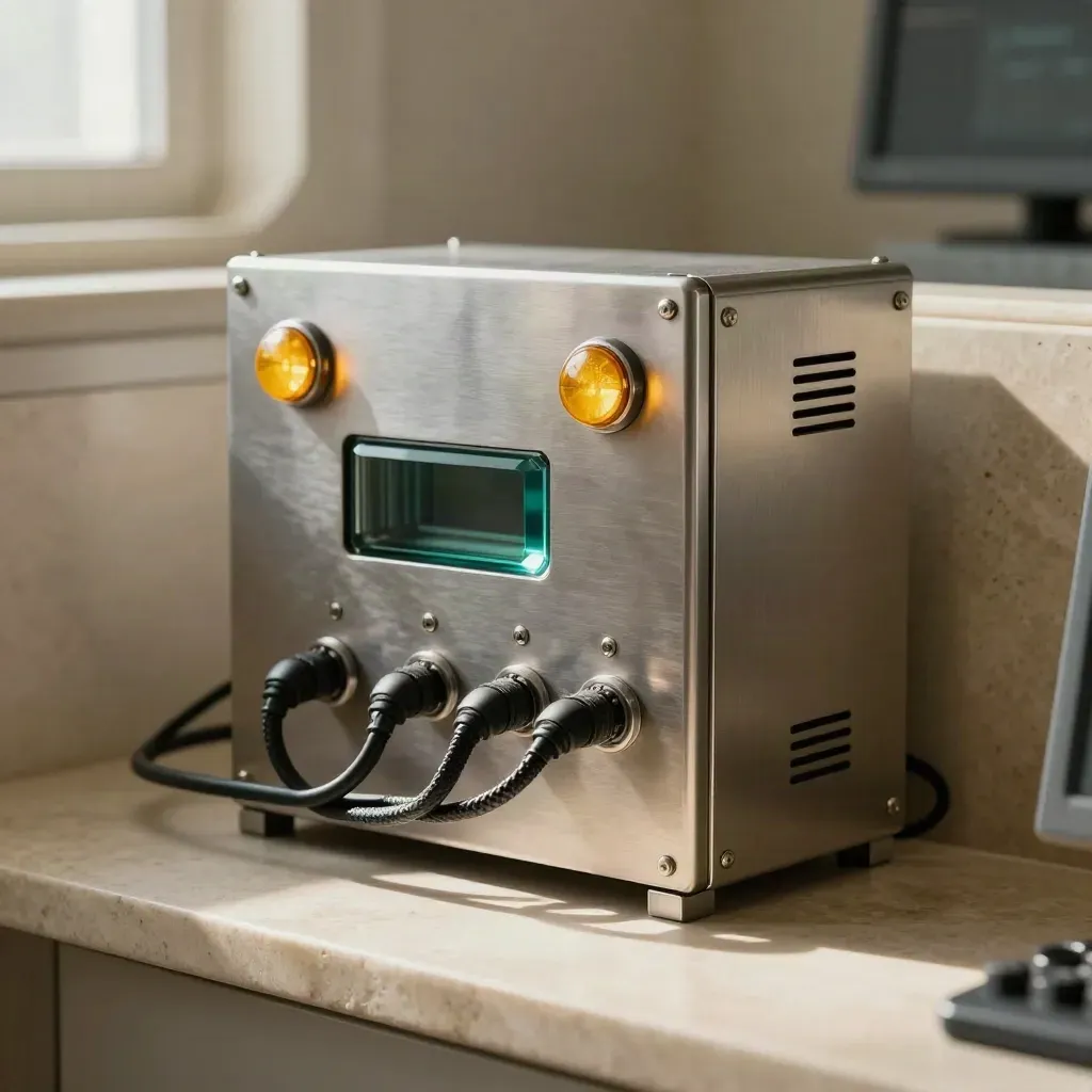 Secure steel operations rack with amber indicators and teal glass block in warm daylight.