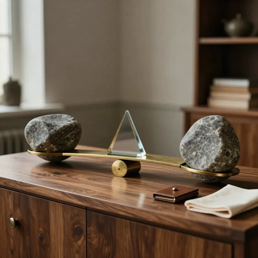 Stone weights, brass bridge and smoky glass wedge on walnut in a moody strategy studio.