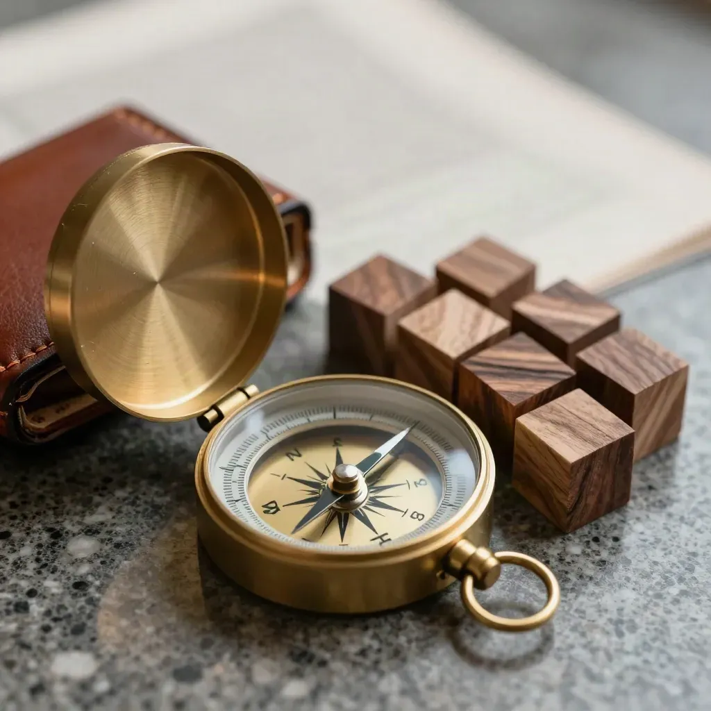 Brass compass, walnut blocks and leather token case on dark stone.