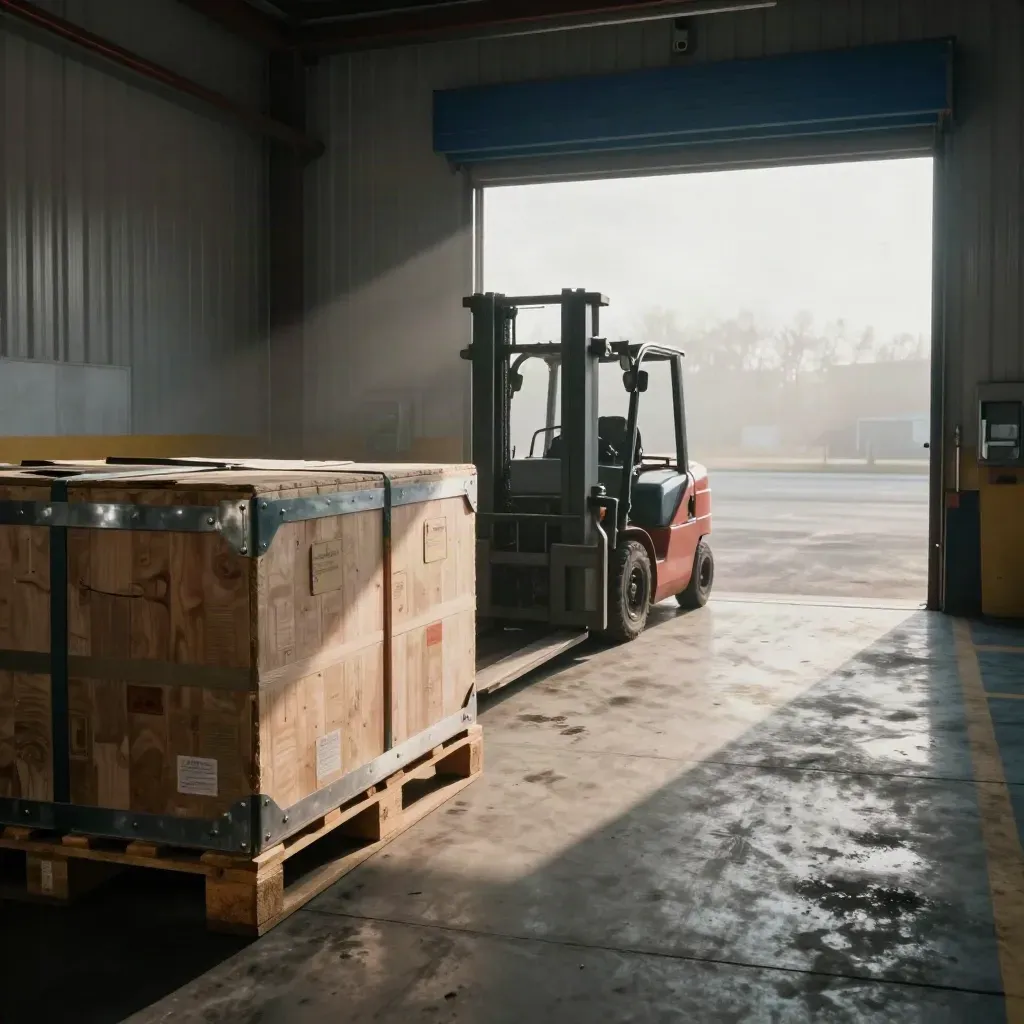 Sealed export crates and route markers in a misty factory loading bay, ready for shipment.