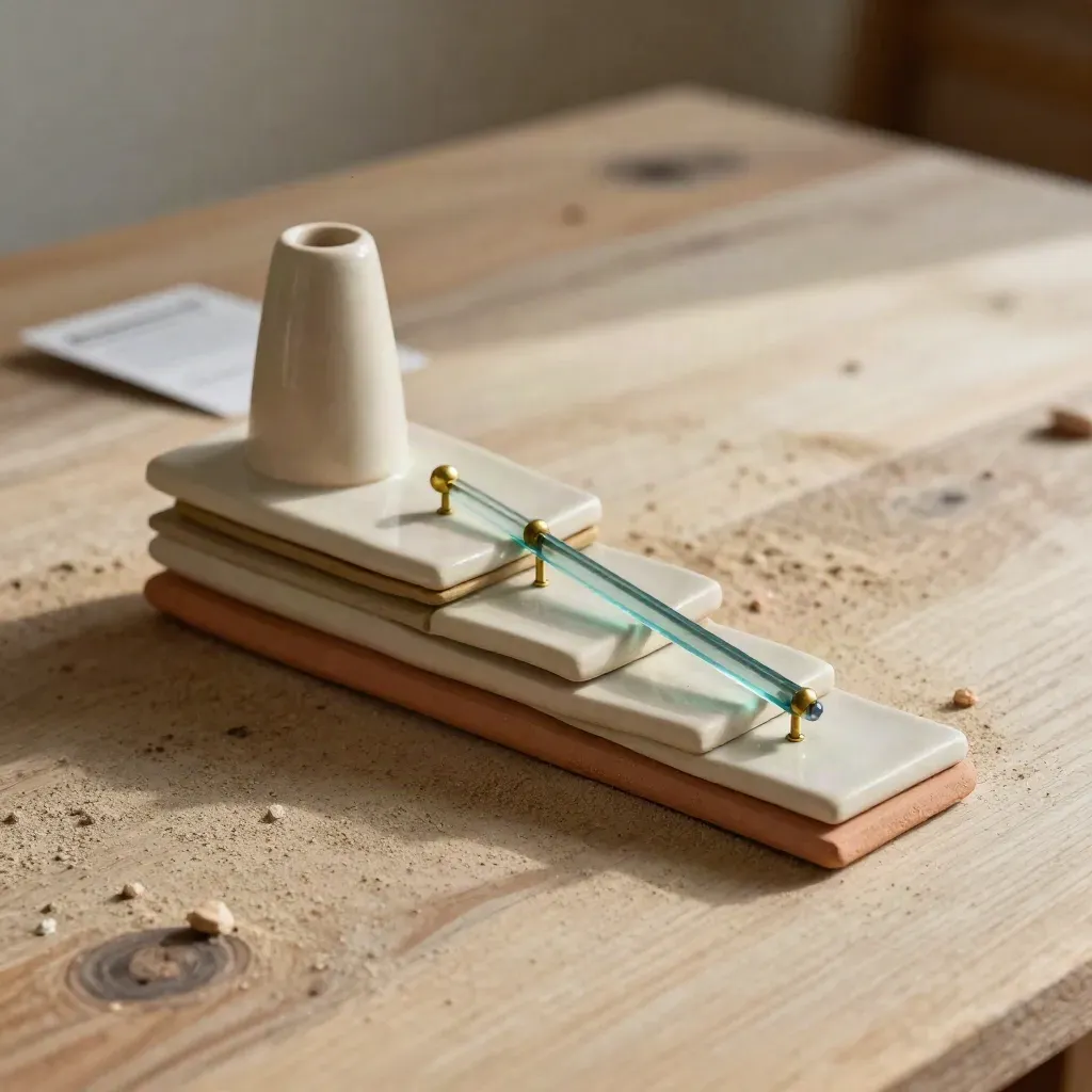 Stacked ceramic forms, brass pins and teal glass on a sand-toned board with soft daylight.