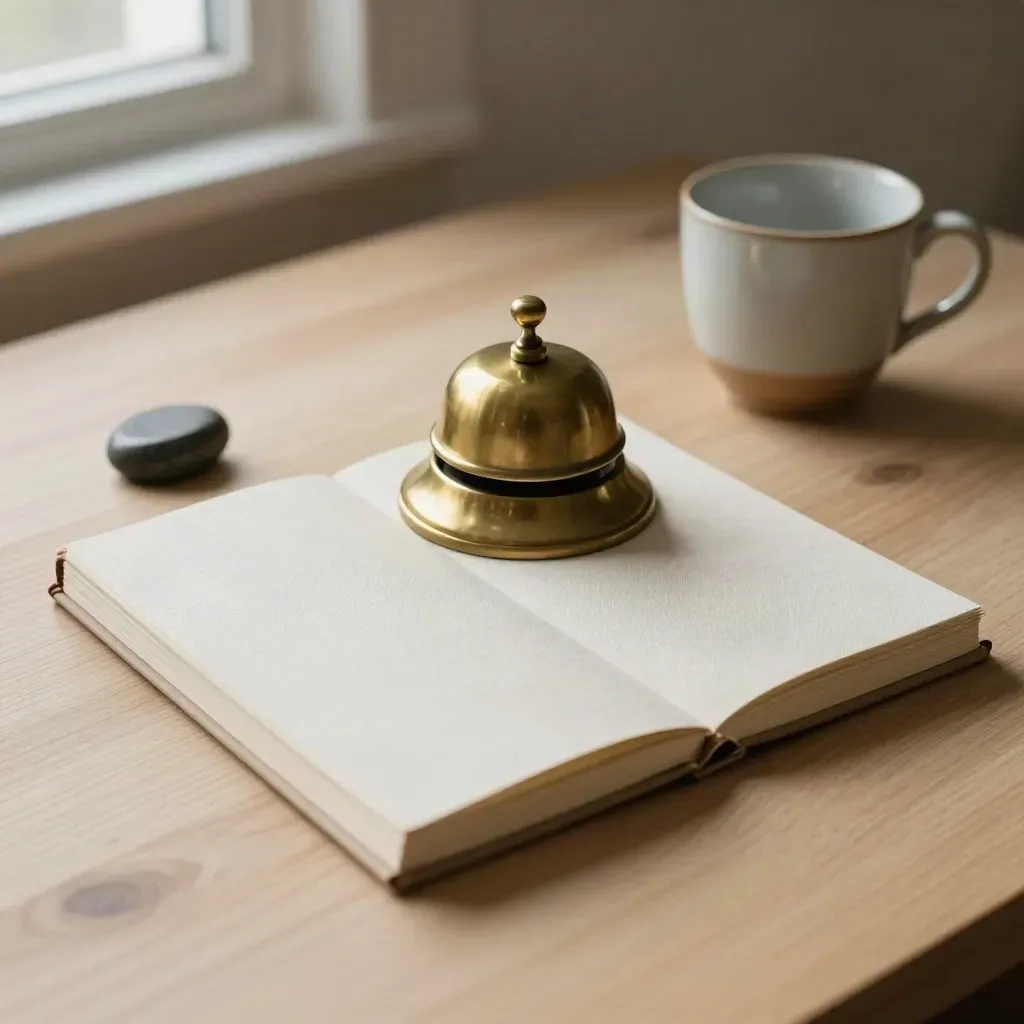 Closed notebook with brass bell, stone token, and ceramic cup on pale wood