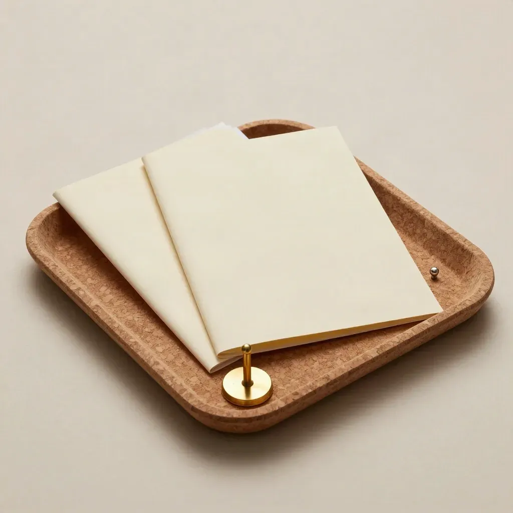 Minimal tray still-life with folders, brass marker, and silver weight on plaster