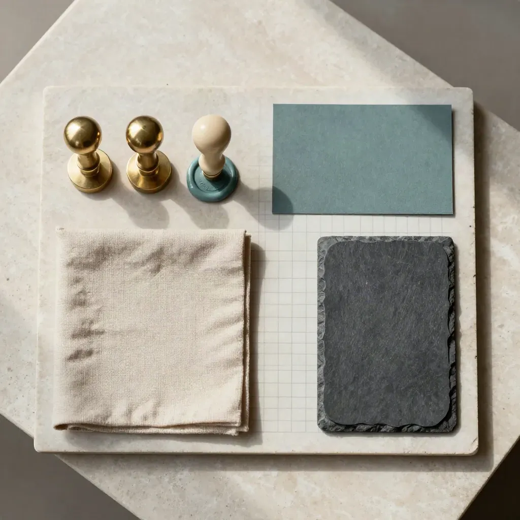 Overhead toolkit flatlay with pegs, wax seals, cloth board and slate on pale limestone.