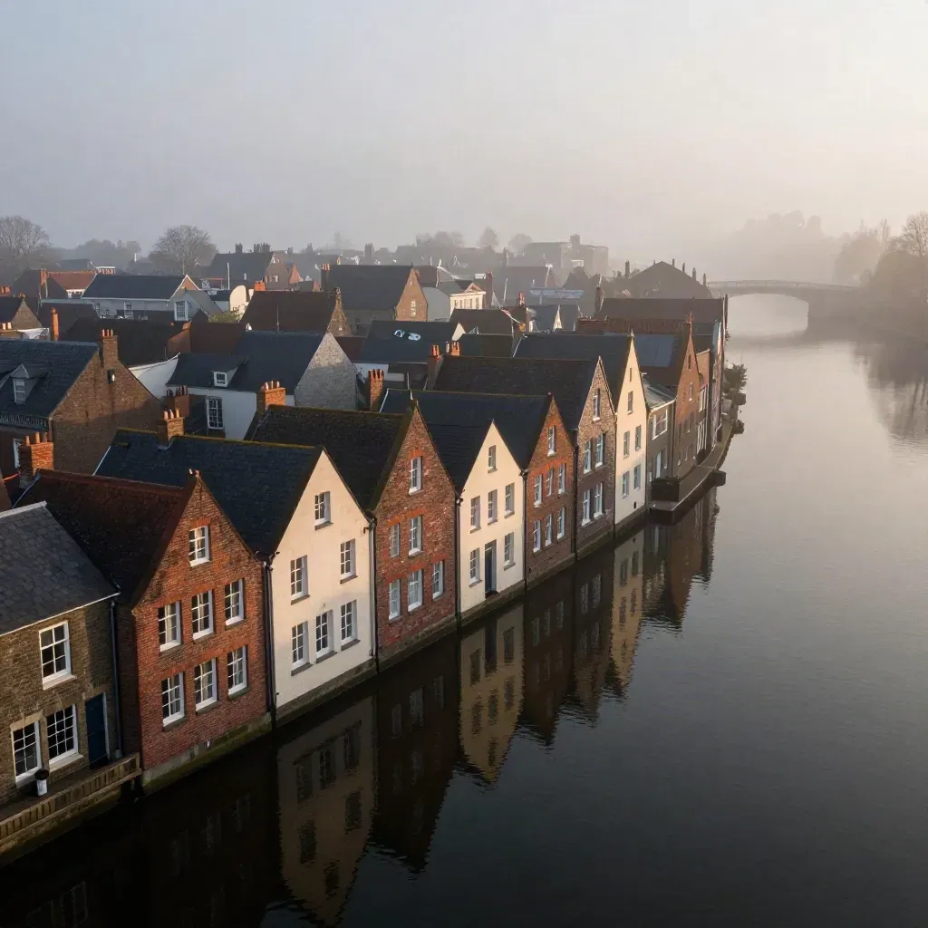 Misty canal skyline with stepped gables, bridge, and calm dark water below.