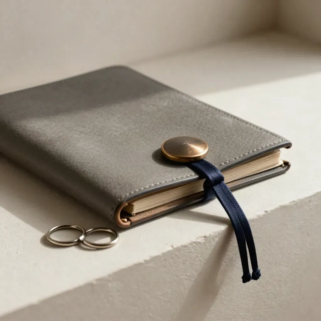 Sealed leather folio with bronze seal and nested rings on a plaster ledge