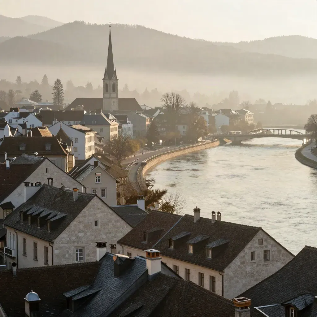 Alpine-edge cityscape with sunlit rooftops, river bend, and distant church spire in morning haze.