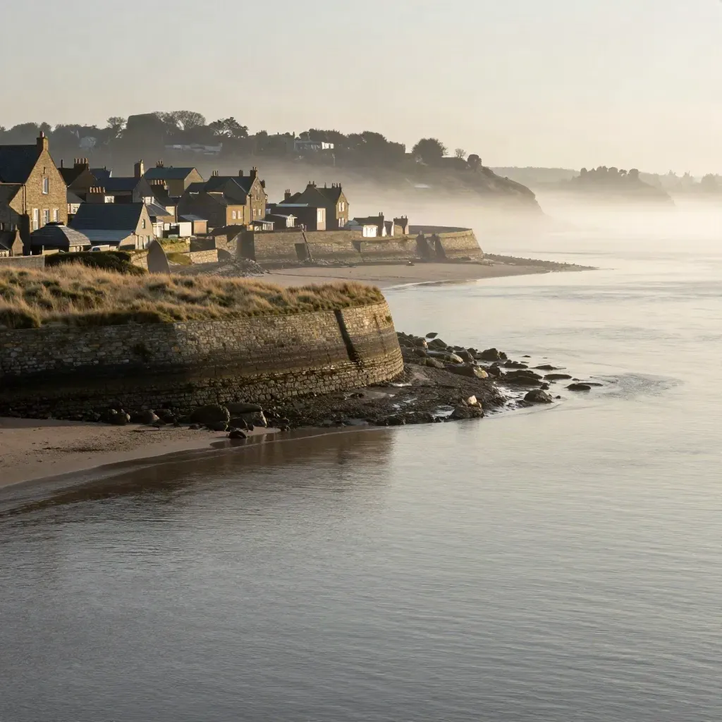 Misty river mouth with stone embankment, distant Georgian roofs and a soft headland over calm water.