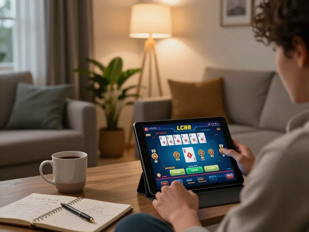 Engaging player using LC88 for online poker on a tablet in a cozy home setting.