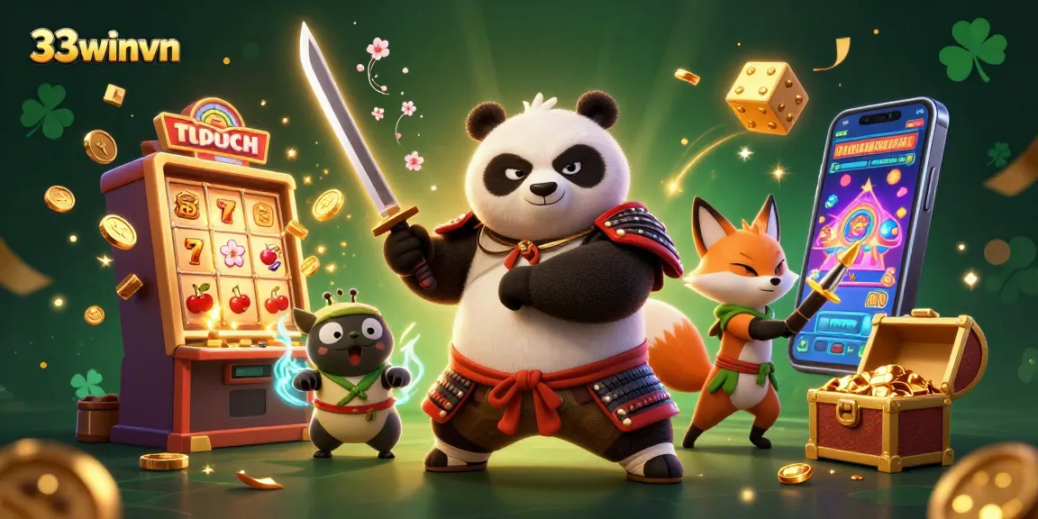 Experience thrilling online gaming with 33winvn's vibrant 3D casino illustration featuring samurai panda and ninja fox.