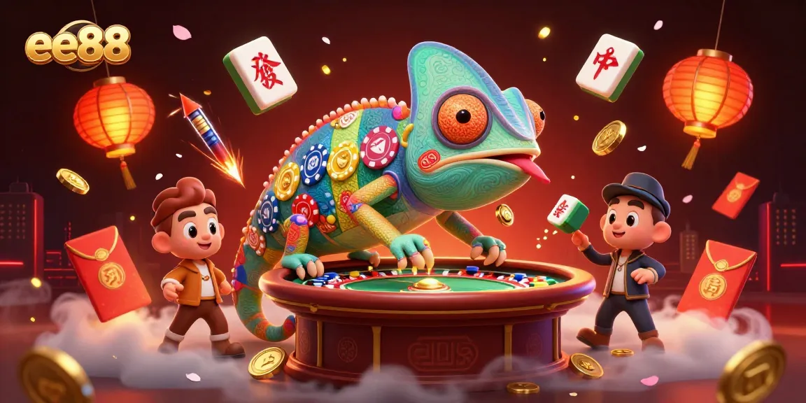 Catch exciting wins at EE88 with the vibrant 3D chameleon casino owner amidst casino elements.