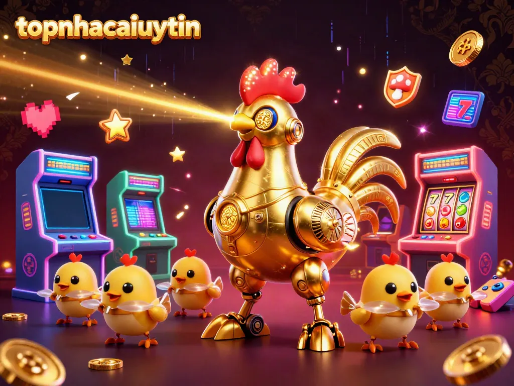 topnhacaiuytin showcases a dynamic scene featuring a golden rooster robot and baby chick drones amidst arcade machines and casino elements.