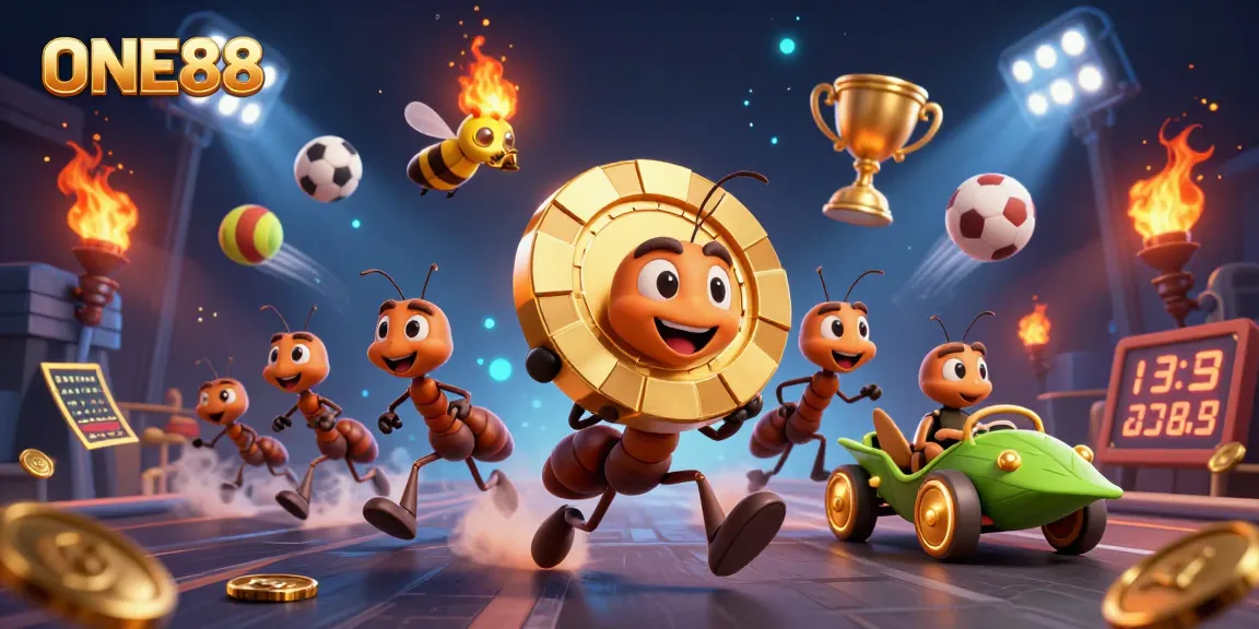 ONE88 ants heisting a giant poker chip amidst dynamic casino action and sports elements.