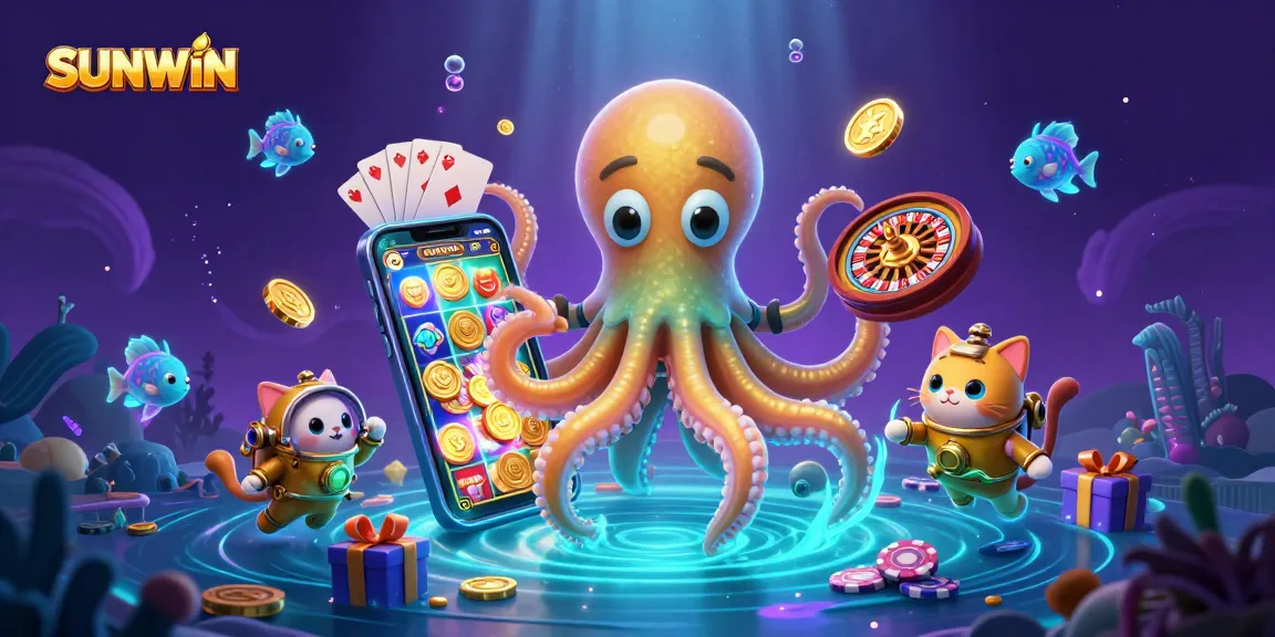 Engaging in thrilling slots at SUNWIN with a playful kraken and vintage diving cat amidst a treasure ocean.