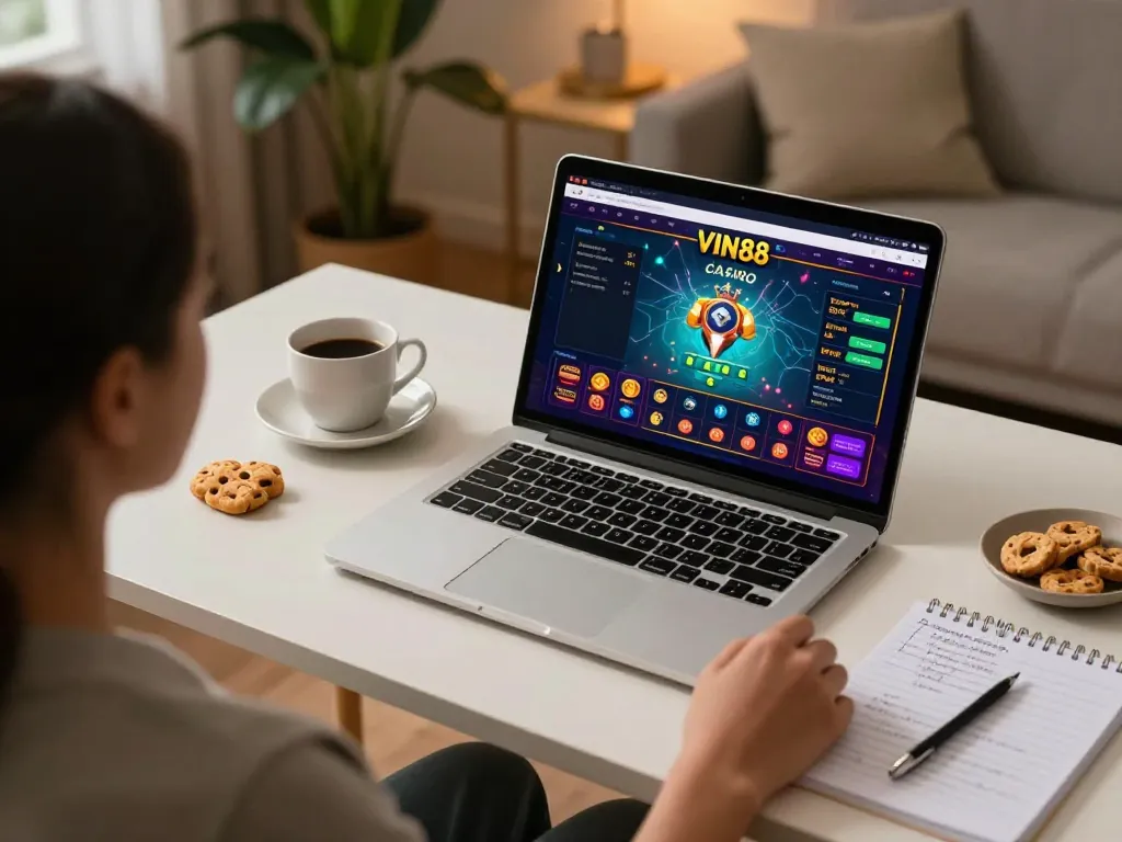 Person enjoying online gaming at VIN88, engaged in strategic betting session on a laptop.