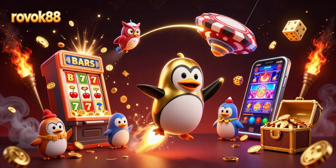 Experience the thrill of rokok88 with a dynamic digital illustration featuring golden penguin and casino excitement.