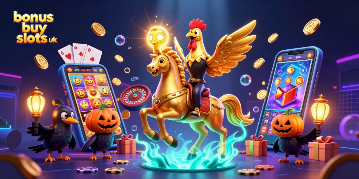 Engage with bonus buy slots UK in a vibrant casino scene featuring interactive slot elements and characters.