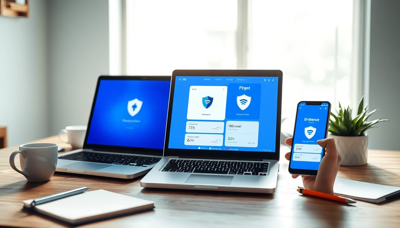 快连下载 interface displayed on devices in a modern workspace, symbolizing security and innovation.