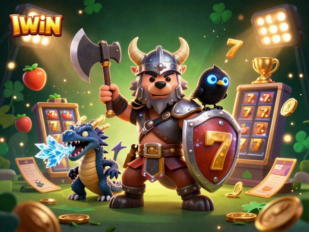 IWIN delivers thrilling slot action featuring 3D Viking warrior and dragon surrounded by golden 7s and coins