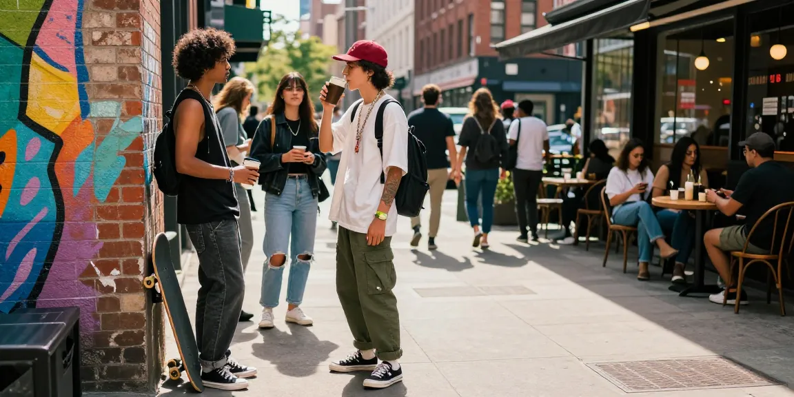 Trendy streetwear lifestyle in urban setting with rokok88 theme, showcasing youth culture and vibrant city life.