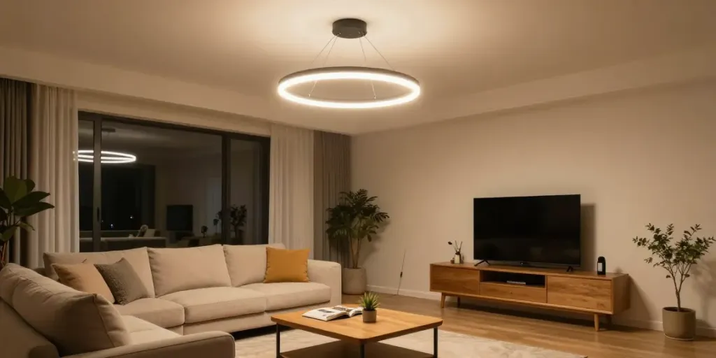 Lustra LED modernă într-un living confortabil, așa cum văd clienții noștri locali.