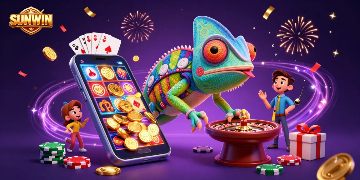 SUNWIN casino illustration showcasing a vibrant chameleon owner, dynamic game elements, and thrilling energy.