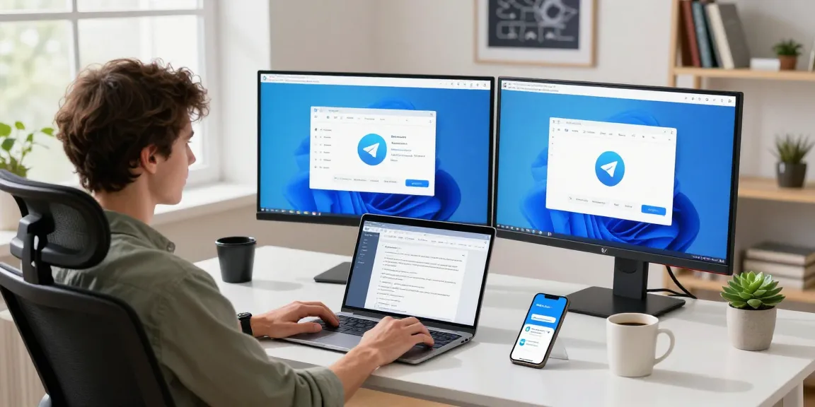Using Telegram Web Version in a modern office setup with dual monitors and a laptop.