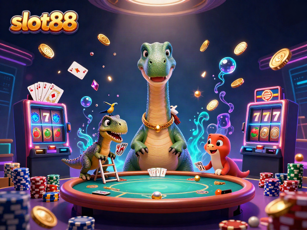 Experience the excitement of slot88 with lavish scenes of jackpots and fun in this vibrant casino illustration.