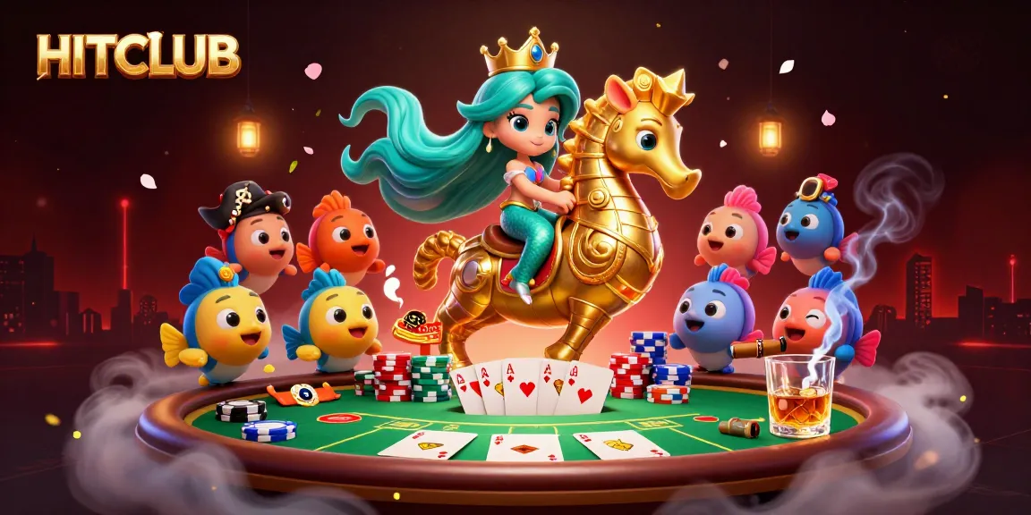 HITCLUB showcases a vibrant casino scene with a mermaid princess and poker elements.
