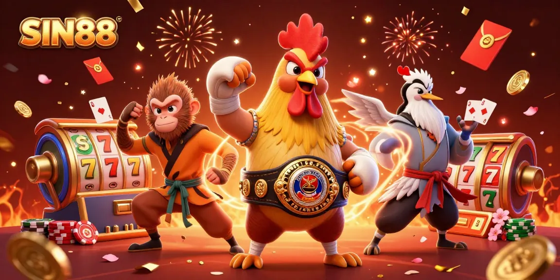 SIN88 casino scene with a Muay Thai rooster, Shaolin monkey, and crane master celebrating amidst slot reels and poker chips.