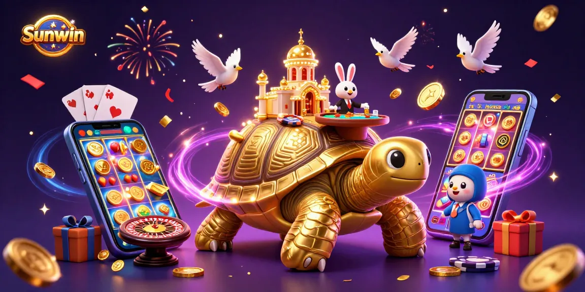 Sunwin casino scene showcasing a golden tortoise with a casino palace, festive elements, and gaming excitement.