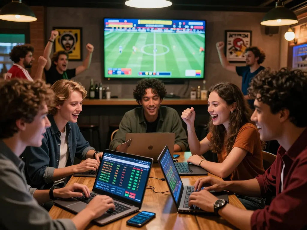 Friends enjoying live sports betting with 1gom odds at a vibrant sports bar.