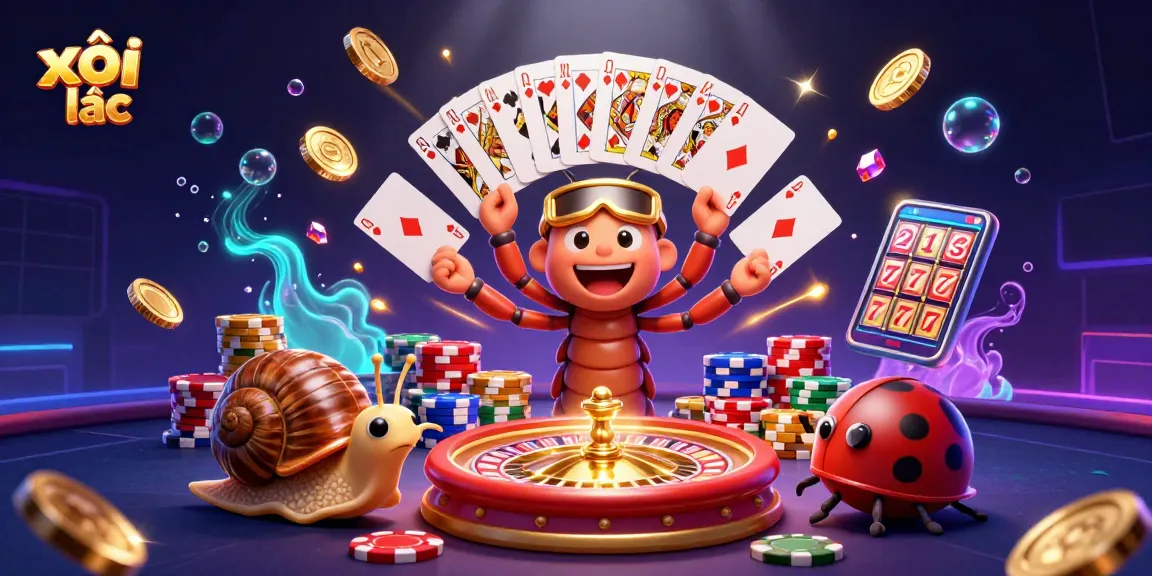 Xôi lạc thrills with 3D dealer cards, golden coins, and a lively gambling atmosphere.