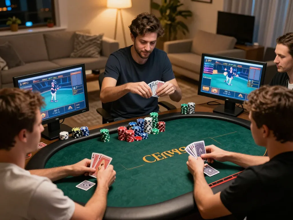 Players engaging in intense poker on f8bet with colorful chips and vibrant screens in a cozy setting.