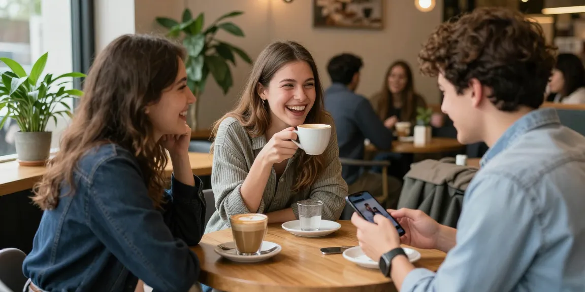 Friends happily sharing stories about their crush on each other in a cozy café setting.