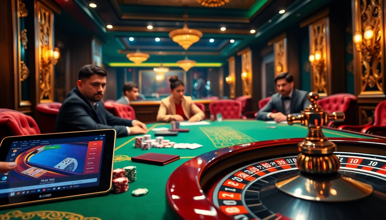 Players engage in an intense poker game at BJ88's luxurious casino setting, capturing the thrill of betting.