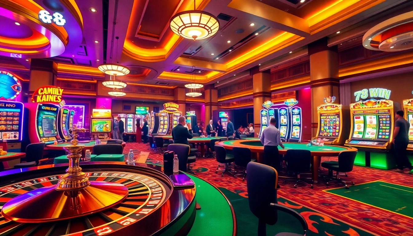 Link vào 78Win - Exciting online gambling scene with poker chips and casino tables.