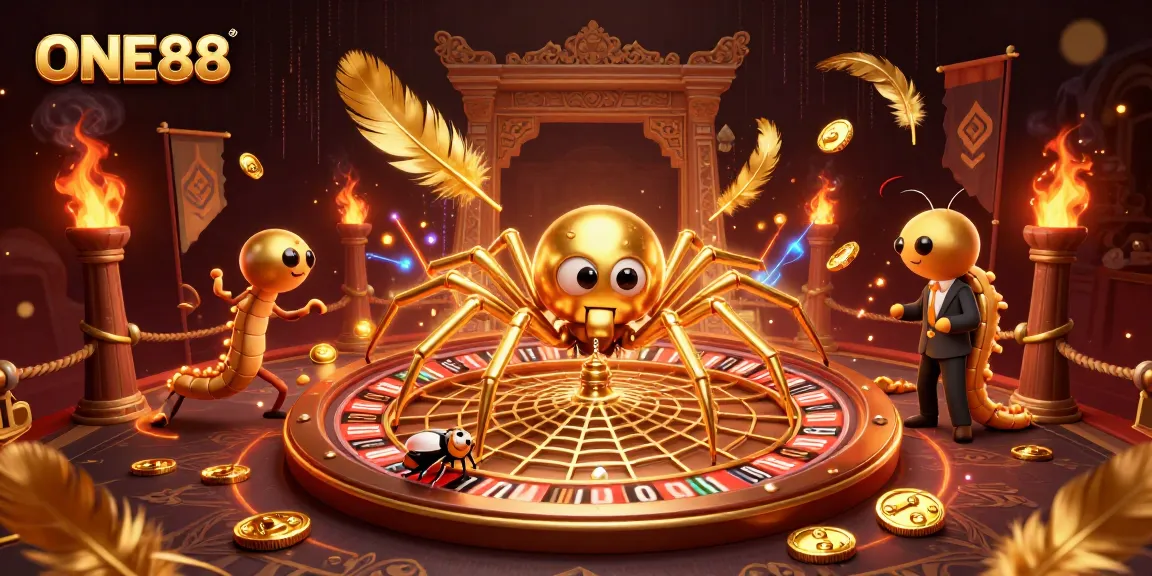 ONE88's golden spider spins a roulette wheel web in a vibrant casino atmosphere.